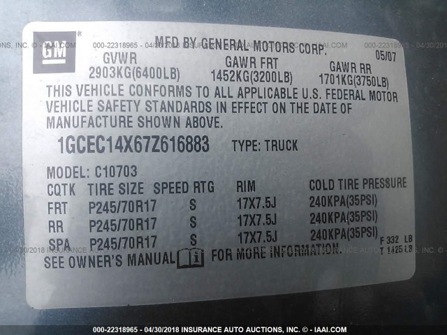 1GCEC14X67Z616883 - 2007 CHEVROLET SILVERADO C1500 CLASSIC BLUE photo 9