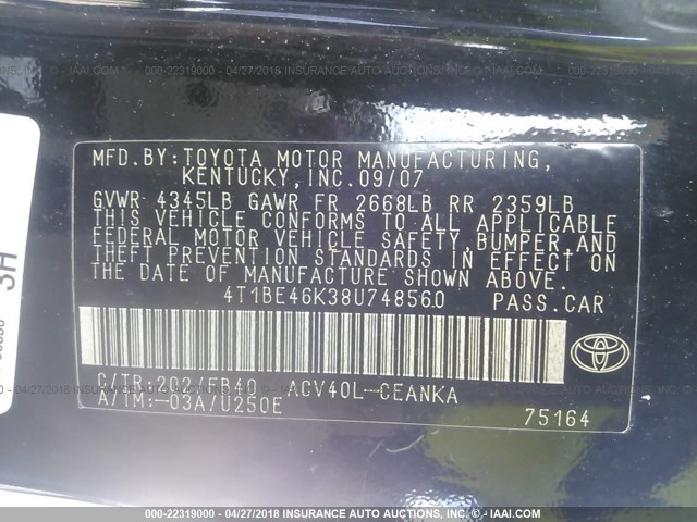 4T1BE46K38U748560 - 2008 TOYOTA CAMRY CE/LE/XLE/SE BLACK photo 9