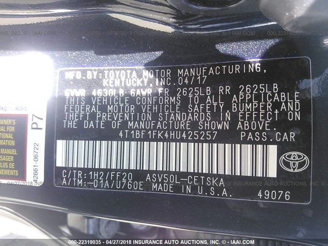 4T1BF1FK4HU425257 - 2017 TOYOTA CAMRY LE/XLE/SE/XSE BLACK photo 9