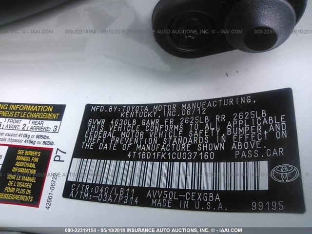 4T1BD1FK1CU037160 - 2012 TOYOTA CAMRY HYBRID/LE/XLE 白色 照片 9