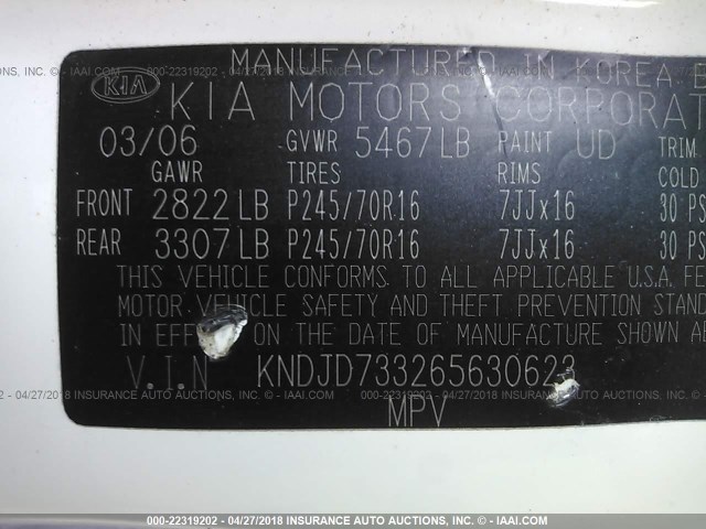 KNDJD733265630623 - 2006 KIA SORENTO EX/LX WHITE photo 9