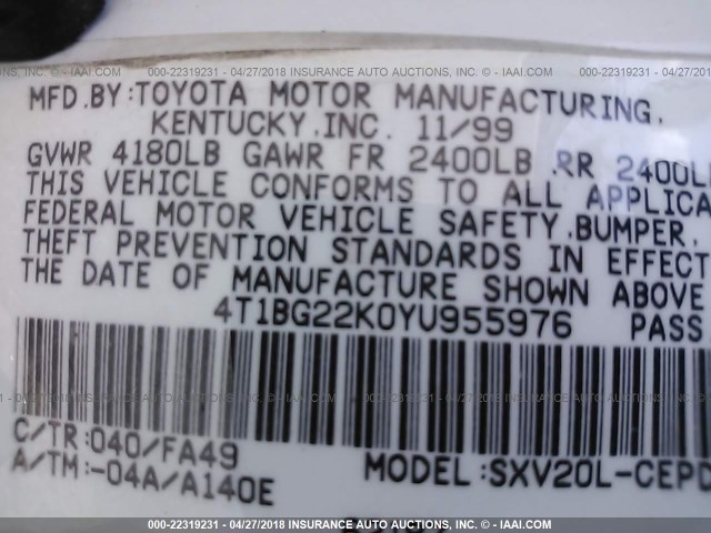 4T1BG22K0YU955976 - 2000 TOYOTA CAMRY CE/LE/XLE 白色 照片 9