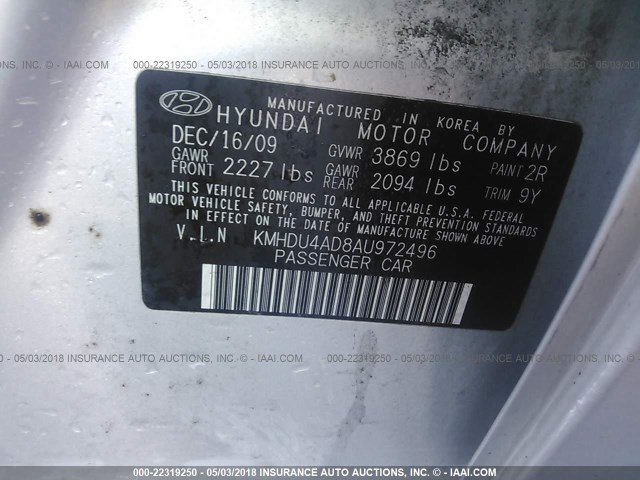 KMHDU4AD8AU972496 - 2010 HYUNDAI ELANTRA BLUE/GLS/SE SILVER photo 9