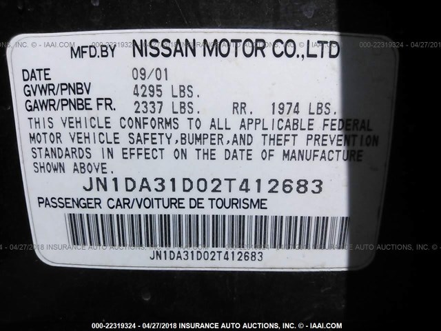 JN1DA31D02T412683 - 2002 NISSAN MAXIMA GLE/GXE/SE GRAY photo 9