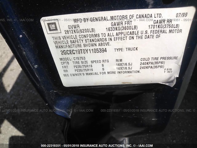 2GCEC19T0Y1105394 - 2000 CHEVROLET SILVERADO C1500 BLUE photo 9