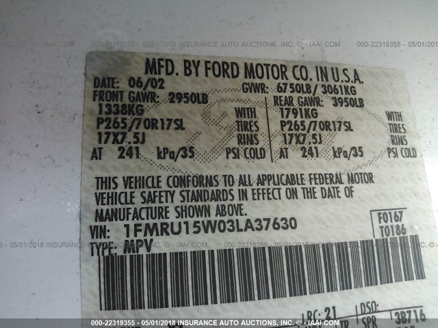 1FMRU15W03LA37630 - 2003 FORD EXPEDITION XLT თეთრი ფოტო 9