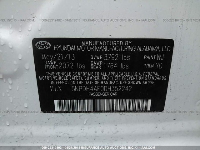 5NPDH4AE0DH352242 - 2013 HYUNDAI ELANTRA GLS/LIMITED WHITE photo 9