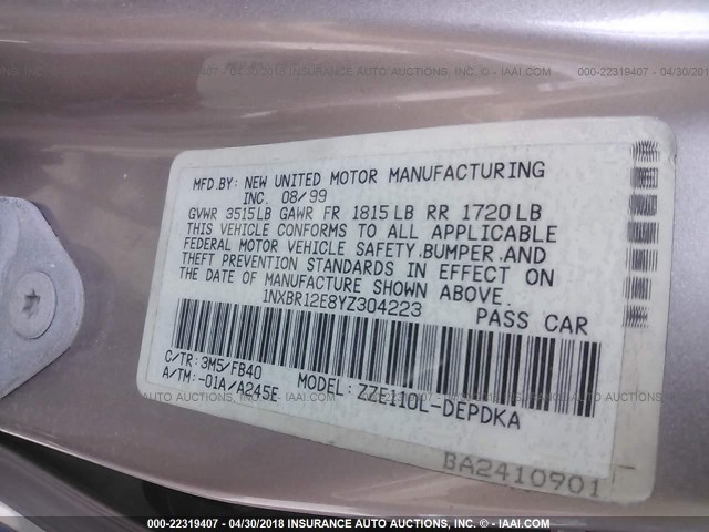 1NXBR12E8YZ304223 - 2000 TOYOTA COROLLA VE/CE/LE 香槟色 照片 9