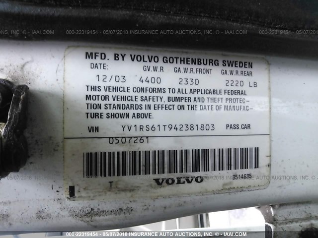 YV1RS61T942381803 - 2004 VOLVO S60 WHITE photo 9