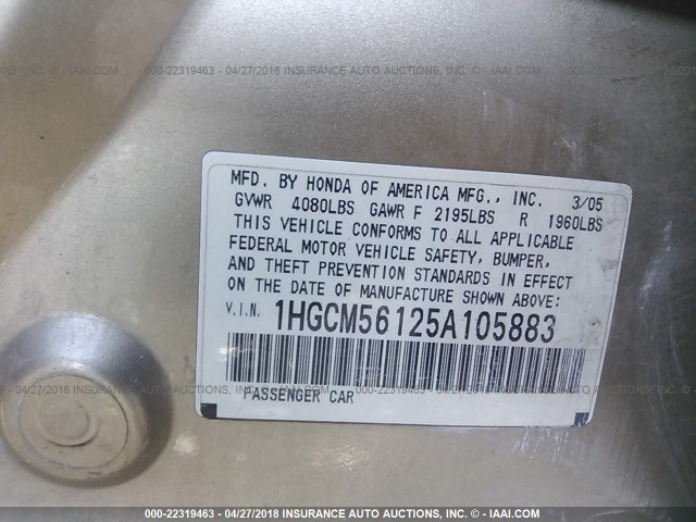 1HGCM56125A105883 - 2005 HONDA ACCORD DX GOLD photo 9