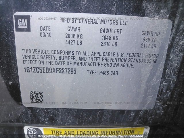 1G1ZC5EB9AF227295 - 2010 CHEVROLET MALIBU 1LT 黑色 照片 9