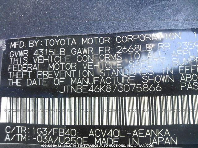JTNBE46K873075866 - 2007 TOYOTA CAMRY NEW GENERATION CE/LE/XLE/SE GRAY photo 9