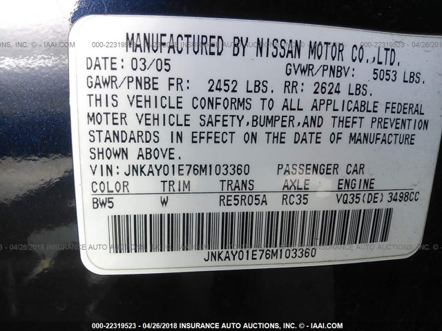 JNKAY01E76M103360 - 2006 INFINITI M35 SPORT BLUE photo 9