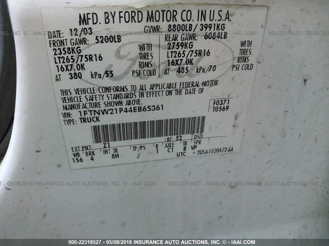 1FTNW21P44EB65361 - 2004 FORD F250 SUPER DUTY WHITE photo 9