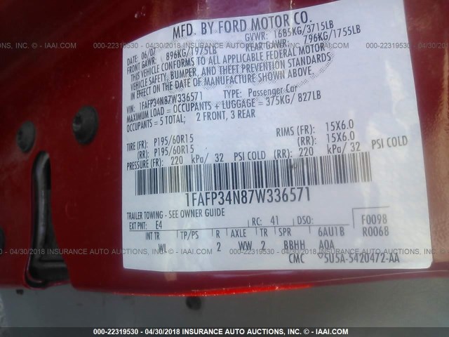 1FAFP34N87W336571 - 2007 FORD FOCUS ZX4/S/SE/SES 红色 照片 9