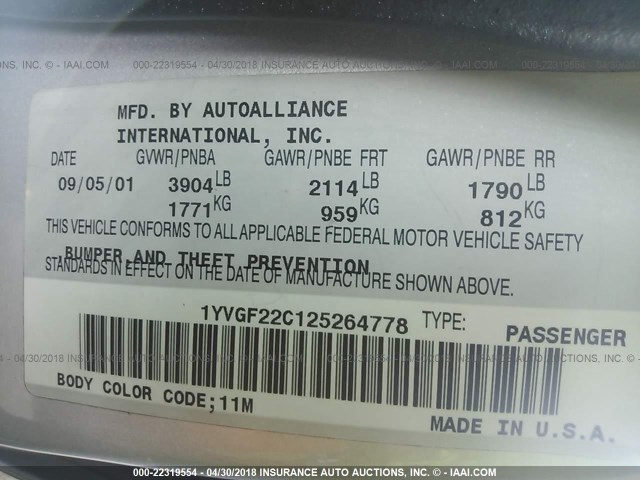 1YVGF22C125264778 - 2002 MAZDA 626 LX SILVER photo 9