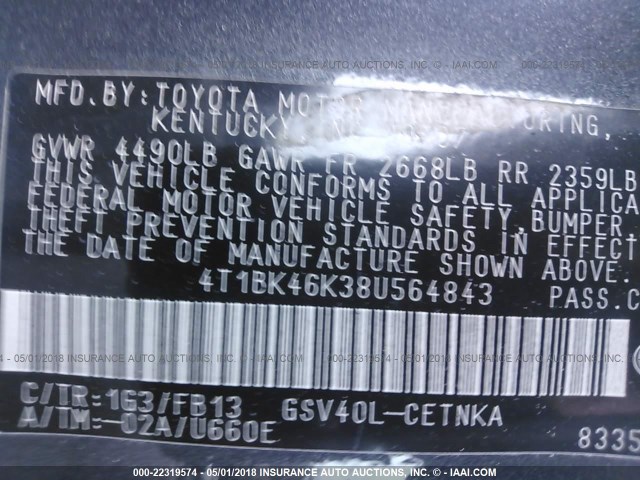 4T1BK46K38U564843 - 2008 TOYOTA CAMRY LE/XLE/SE ნაცრისფერი ფოტო 9