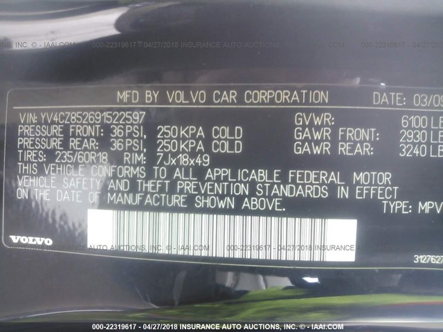 YV4CZ852691522597 - 2009 VOLVO XC90 V8 BLACK photo 9