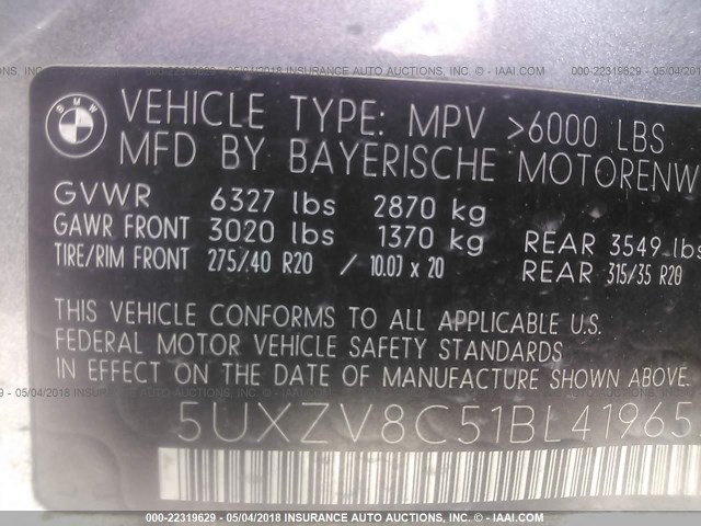 5UXZV8C51BL419652 - 2011 BMW X5 XDRIVE50I GRAY photo 9