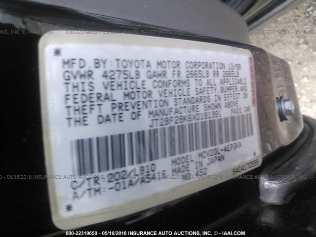 JT2BF28K6X0181391 - 1999 TOYOTA CAMRY LE/XLE BLACK photo 9