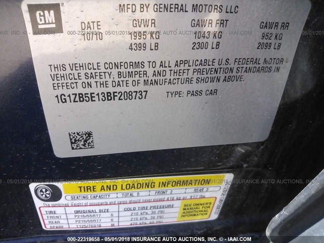 1G1ZB5E13BF208737 - 2011 CHEVROLET MALIBU LS 蓝色 照片 9