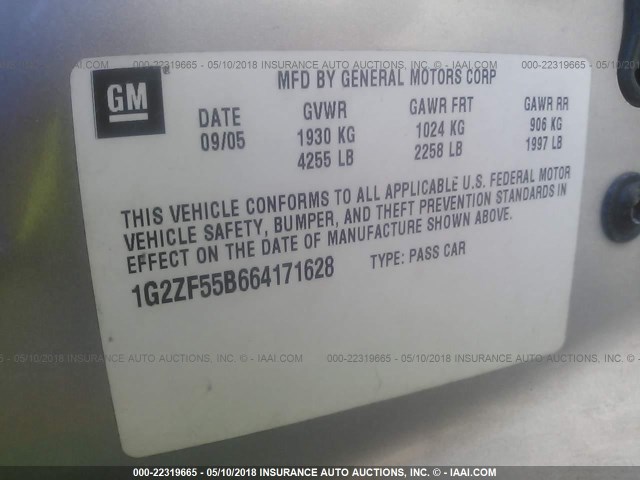 1G2ZF55B664171628 - 2006 PONTIAC G6 SE SILVER photo 9