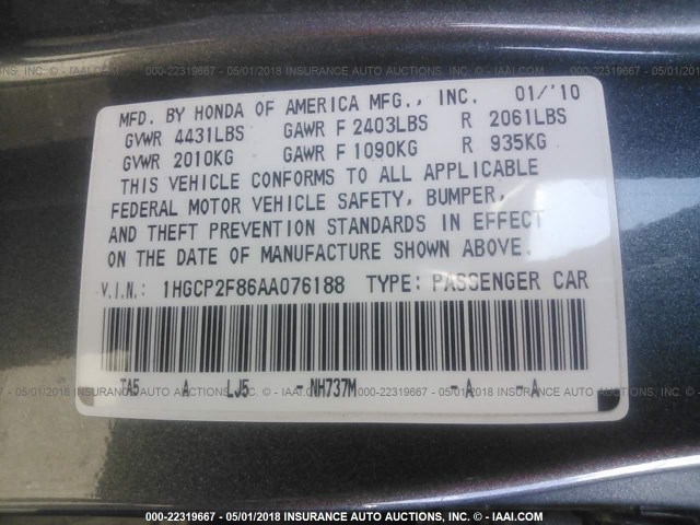 1HGCP2F86AA076188 - 2010 HONDA ACCORD EXL SILVER photo 9