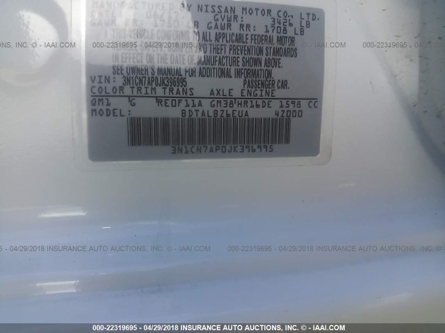 3N1CN7AP0JK396995 - 2018 NISSAN VERSA S/S PLUS/SV/SL WHITE photo 9