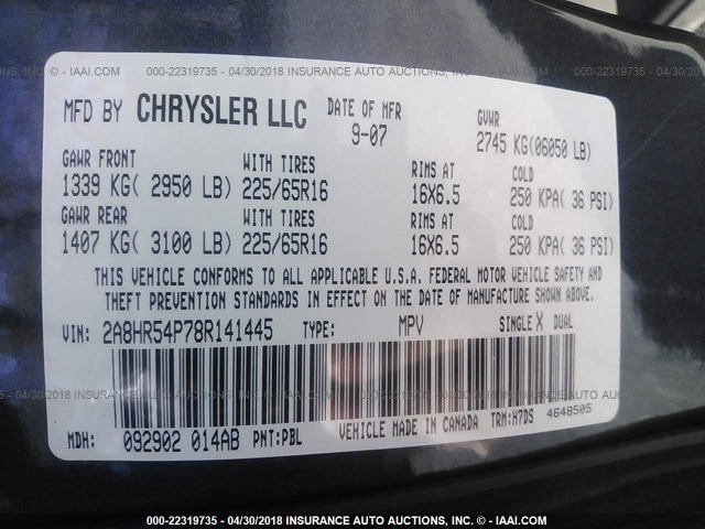 2A8HR54P78R141445 - 2008 CHRYSLER TOWN & COUNTRY TOURING BLUE photo 9