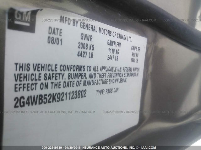 2G4WB52K921123802 - 2002 BUICK REGAL LS 米色 照片 9