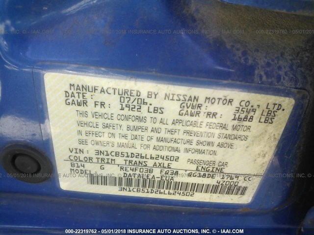 3N1CB51D26L624502 - 2006 NISSAN SENTRA 1.8/1.8S BLUE photo 9