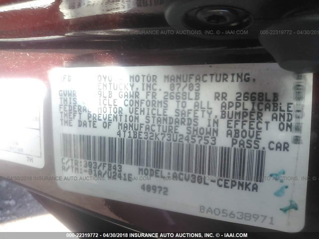 4T1BE32K73U245753 - 2003 TOYOTA CAMRY LE/XLE/SE RED photo 9