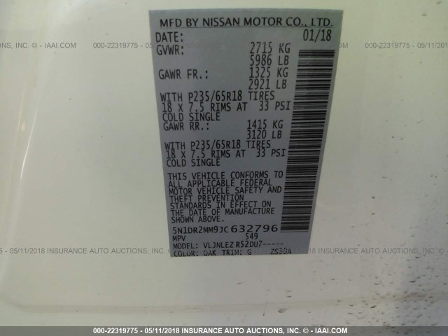 5N1DR2MM9JC632796 - 2018 NISSAN PATHFINDER S/SV/SL/PLATINUM CREAM photo 9