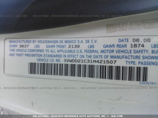 3VWDD21C31M421507 - 2001 VOLKSWAGEN NEW BEETLE GLX 白色 照片 9