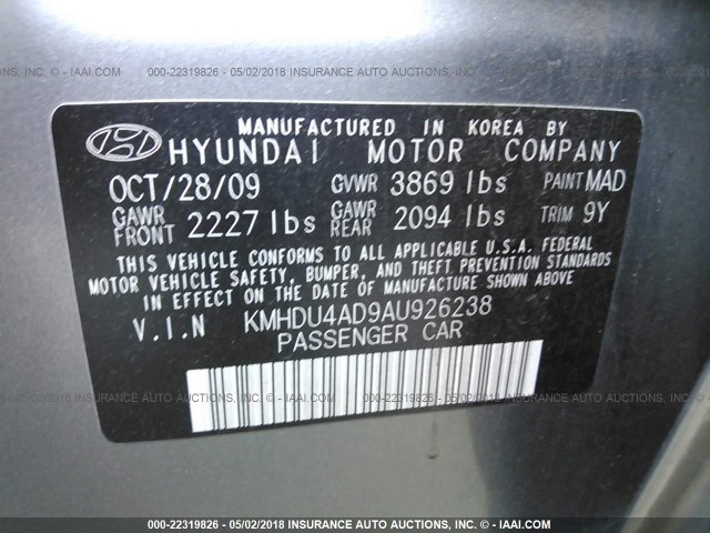 KMHDU4AD9AU926238 - 2010 HYUNDAI ELANTRA BLUE/GLS/SE GRAY photo 9