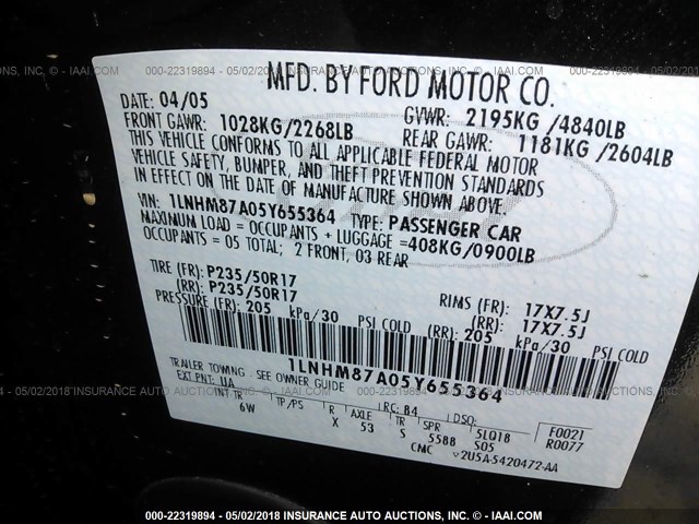 1LNHM87A05Y655364 - 2005 LINCOLN LS 黑色 照片 9