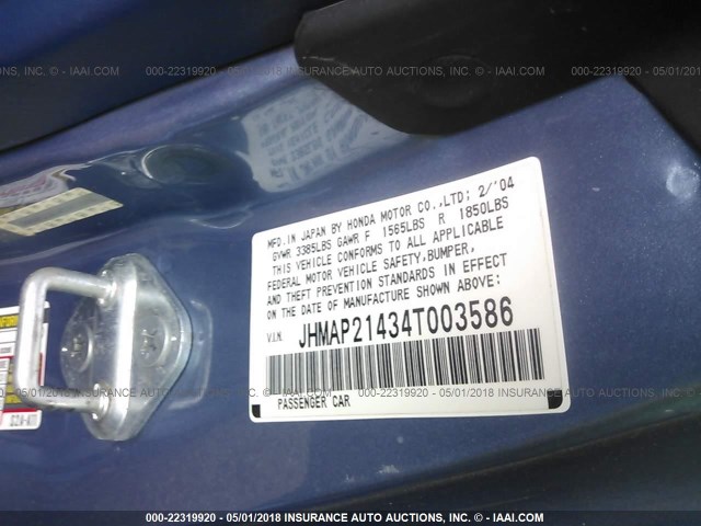 JHMAP21434T003586 - 2004 HONDA S2000 BLUE photo 9