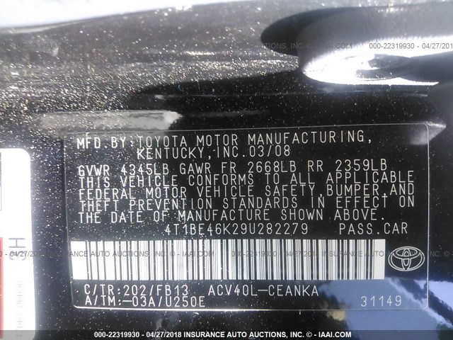 4T1BE46K29U282279 - 2009 TOYOTA CAMRY SE/LE/XLE 黑色 照片 9