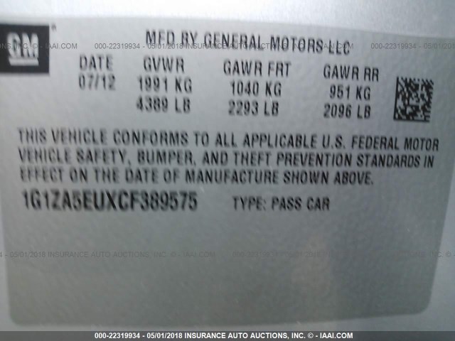 1G1ZA5EUXCF389575 - 2012 CHEVROLET MALIBU LS SILVER photo 9