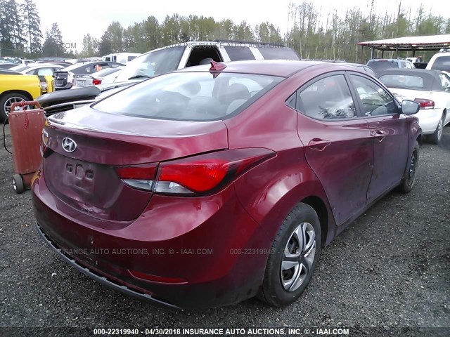 5NPDH4AE5GH698677 - 2016 HYUNDAI ELANTRA SE/SPORT/LIMITED RED photo 4