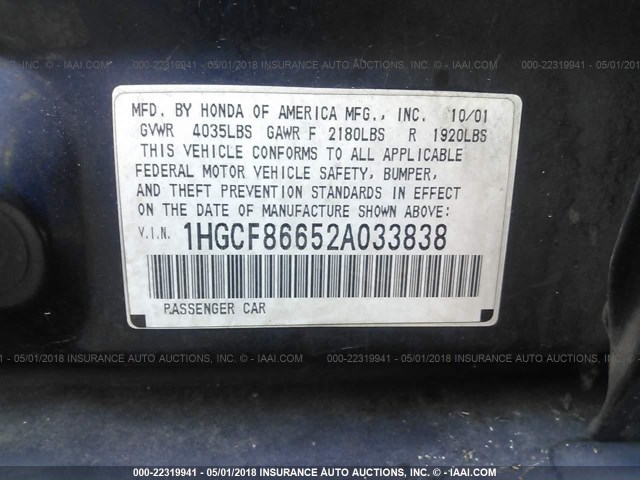 1HGCF86652A033838 - 2002 HONDA ACCORD VALUE BLUE photo 9