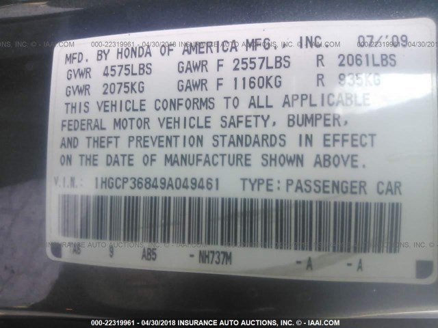 1HGCP36849A049461 - 2009 HONDA ACCORD EXL GRAY photo 9