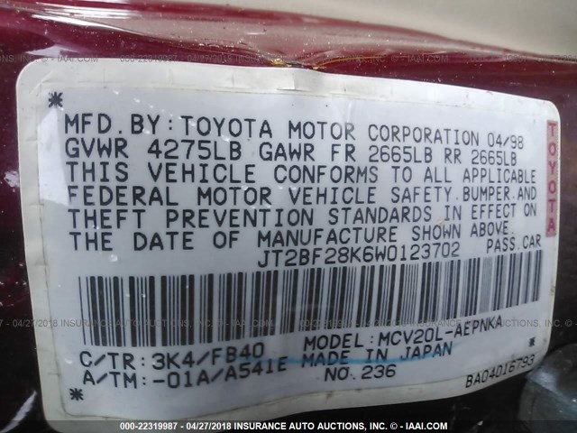 JT2BF28K6W0123702 - 1998 TOYOTA CAMRY LE/XLE Tünd qırmızı foto 9