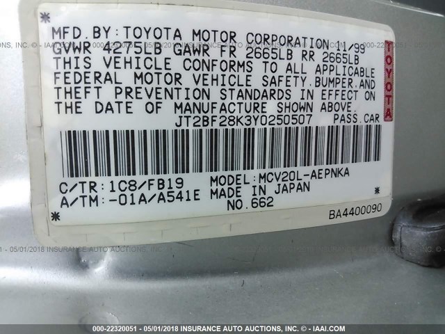 JT2BF28K3Y0250507 - 2000 TOYOTA CAMRY LE/XLE SILVER photo 9