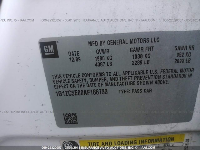 1G1ZC5E00AF186733 - 2010 CHEVROLET MALIBU 1LT 白色 照片 9