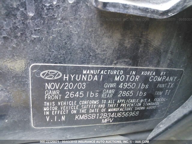 KM8SB12B34U656968 - 2004 HYUNDAI SANTA FE GL BLACK photo 9