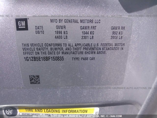 1G1ZB5E18BF150835 - 2011 CHEVROLET MALIBU LS 银色 照片 9