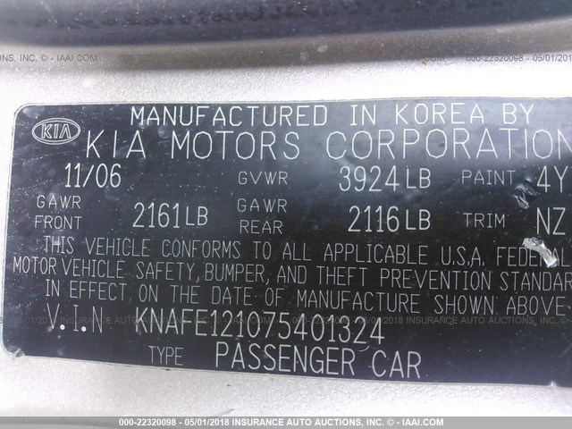 KNAFE121075401324 - 2007 KIA SPECTRA EX/LX GOLD photo 9