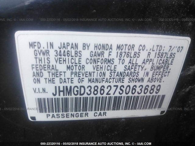 JHMGD38627S063689 - 2007 HONDA FIT S BLACK photo 9