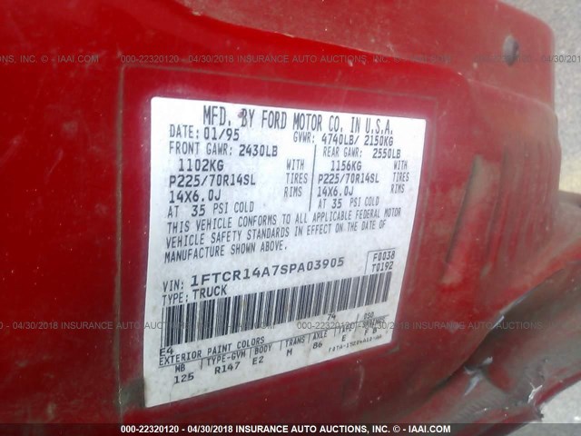 1FTCR14A7SPA03905 - 1995 FORD RANGER SUPER CAB RED photo 9